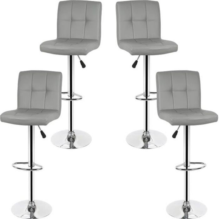 RUII - Lot de 4 Tabouret de Bar Fauteuil Chaise Réglable de Loisir Simili Cuir Rotatif à 360 ° (Gris)