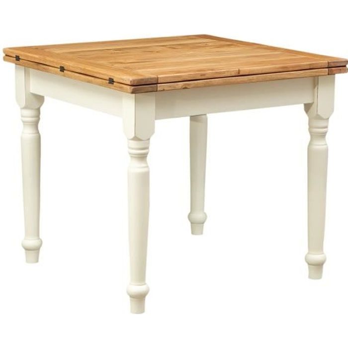 Table à rallonge style champêtre en bois massif de tilleul avec structure antique blanche et plateau en finition naturelle L90x -
