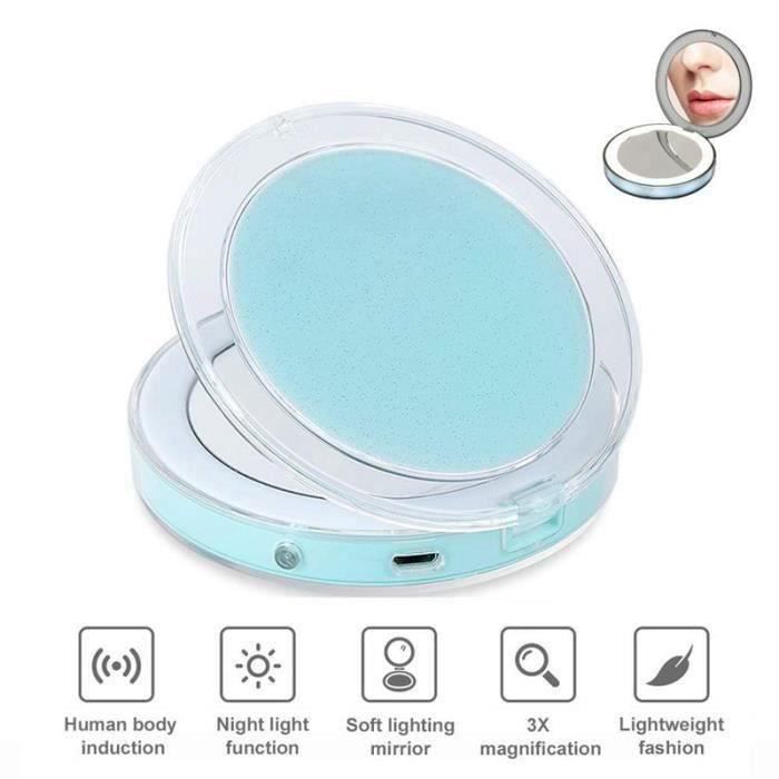 Miroir de Poche LED Lumineux USB Rechargeable Grossissant 3X-1X - Double Face HD -Touchez pour allumer-button-Bleu clair A55929