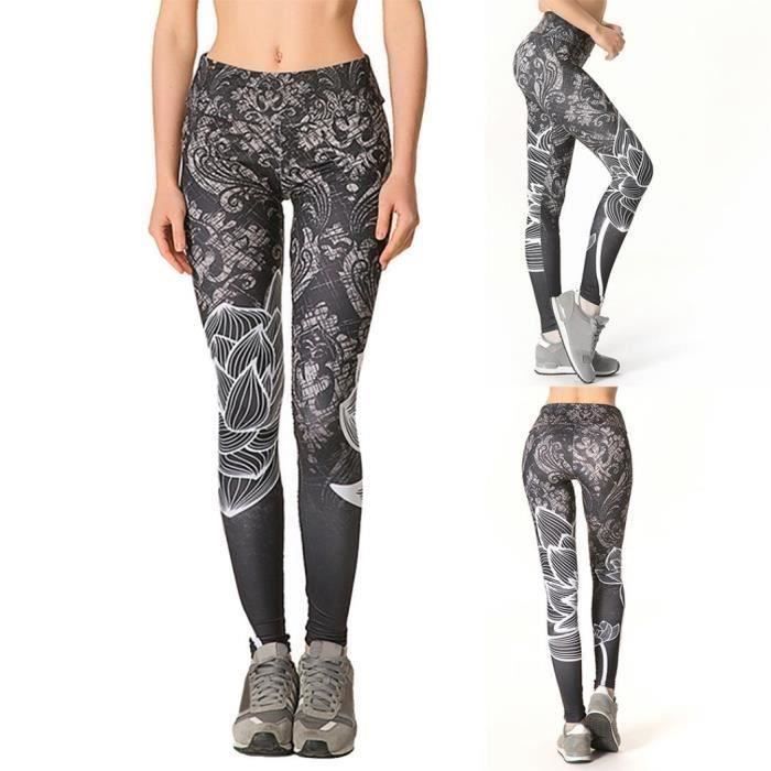 Sexy Femmes Lotus Print Gym Workggings Taille Haute Push Up Pantalons De Yoga Collants Noir XL G01A4B