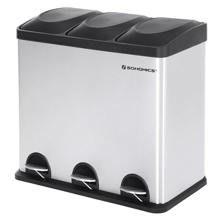 Poubelle de Cuisine Résistante avec pédales et 3 compartiments Tri Sélectif de recyclage en inox 54L 521