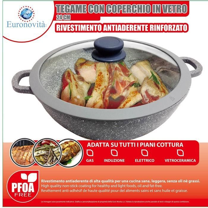 Euronovità EN-20032 Poêle Gril Wok avec poignées, Pierre, Gris, 24 cm x h.7 cm