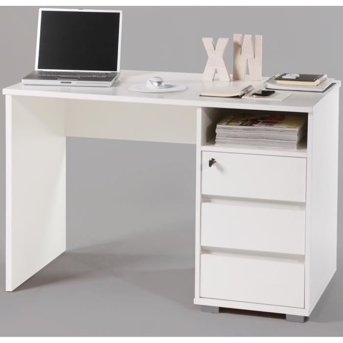 Bureau Primos avec 3 tiroirs et un compartiment de rangement ouvert, en aggloméré blanc.