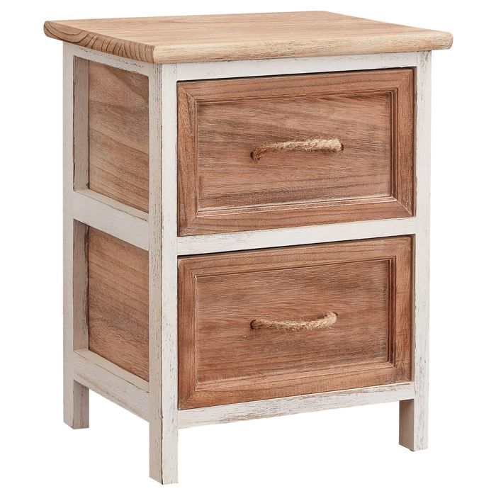 Table de chevet BELLANO petite commode de nuit avec 2 tiroirs, en bois de paulownia blanc et brun style shabby chic vintage rustique