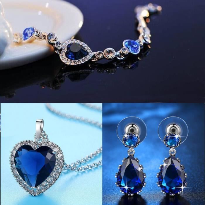 Parure Bijoux Femme Collier Bracelet Boucles d'Oreilles Coeur de L'Océan Titanic Premium Argenté Bleu
