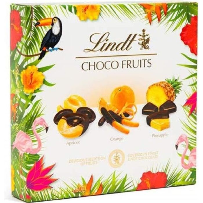 LINDT Boîte CHOCO FRUITS Abricot, Orange, Ananas - Chocolat Noir - 180 g