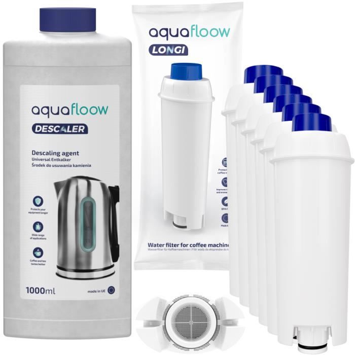 AquaFloow Détartrant Liquide Machine à Café 1000ml et 6 Filtres pour cafetiere Delonghi Magnifica ECAM ESAM ETAM BCO EC