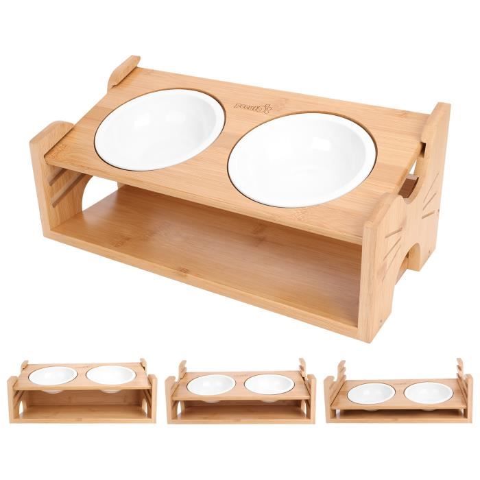 Pecute Gamelle Double Chien Chat avec Porte-gamelles Surélevé en Bambou 3 Hauteurs Réglables, Anti-dérapant
