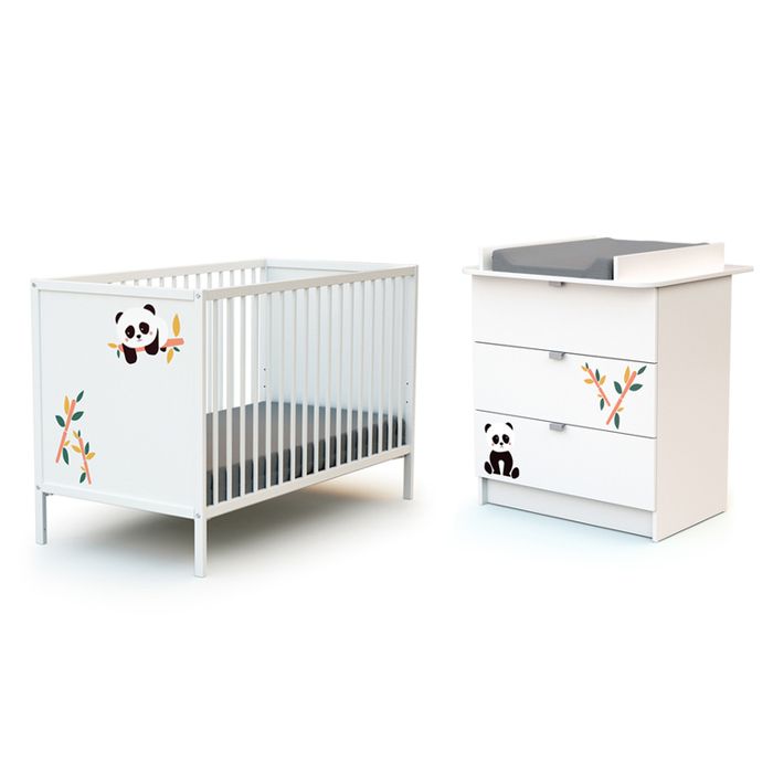 WEBABY - Duo Lit Bébé et Commode Panda Blanc