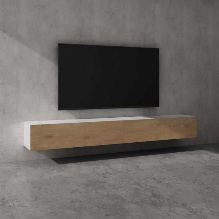 Sogood Meuble TV Bas 240 cm Armoire TV Blanc Mat + Marron Clair Table de Télévision Salon avec Portes Meuble TV Suspendu MBTV02