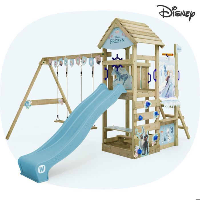 Aire de jeux WICKEY Disney Adventure La Reine des Neiges – toboggan 220 cm double balançoire & mur d’escalade – garantie 10 ans*