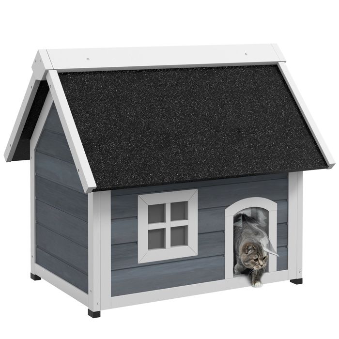 Maison pour chat en bois - PawHut - porte à lamelles - fenêtre en plexiglas - toit bitumé ouvrable - 3 portes - gris Maison pour chat en bois - PawHut - porte à lamelles - fenêtre en plexiglas - toit bitumé ouvrable - 3 portes - gris