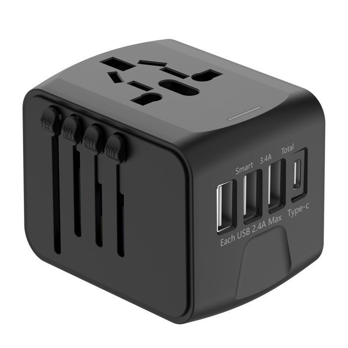 Adaptateur Voyage Universel International avec 3 USB et 1 Type C 1500W Prise France vers USA Canada UK EU Chine Japon noir