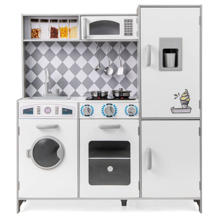 Cuisine D'angle DREAMADE En Bois – Sons/lumières, 110x43x92 Cm, Blanc, 3+ Ans, Avec Accessoires