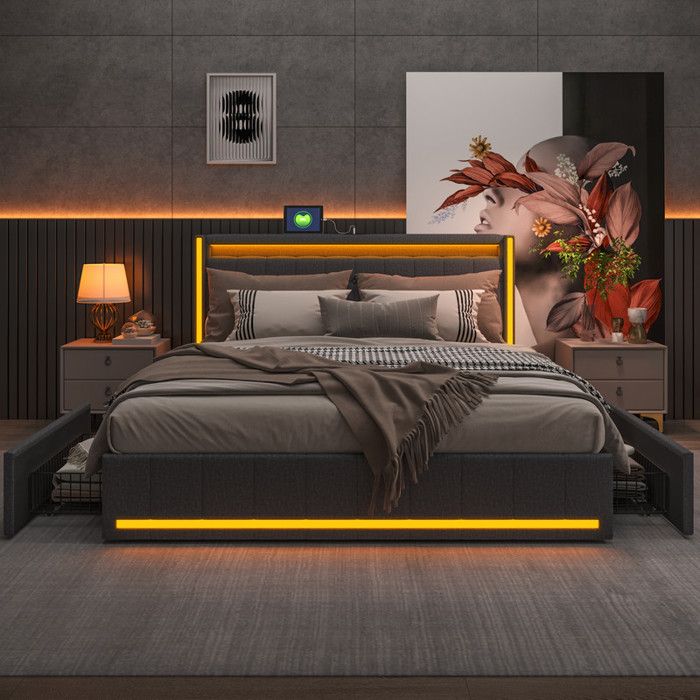 Lit 140x200cm avec 4 tiroirs Lit double avec lumières LED port de chargement sommier à lattes lit adulte rembourré Lin Gris