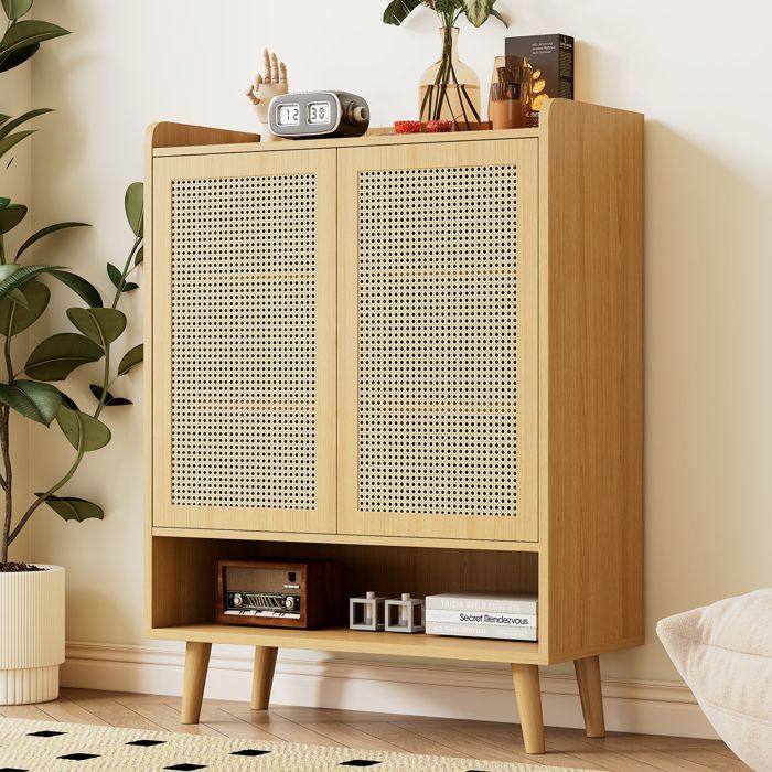Armoire à Chaussures en Rotin Naturel Meuble Entrée Étagère à Chaussures avec 2 portes et 5 étagères pour Couloir