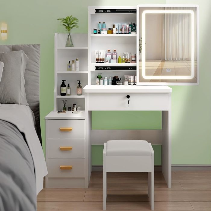 Coiffeuse avec miroir et tabouret Miroir LED 4 Tiroirs 7 Compartiments de Rangement Style Moderne Blanc