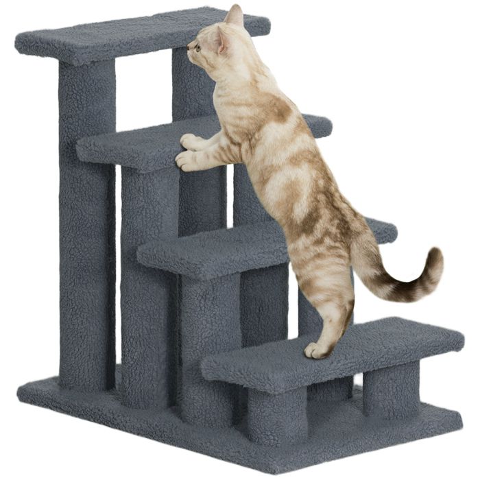 Comparer les prix de Escalier pour animaux de compagnie - PawHut - 4 marches - revêtement effet laine bouclée pour lit haut et canapé - 61x41x60cm gris