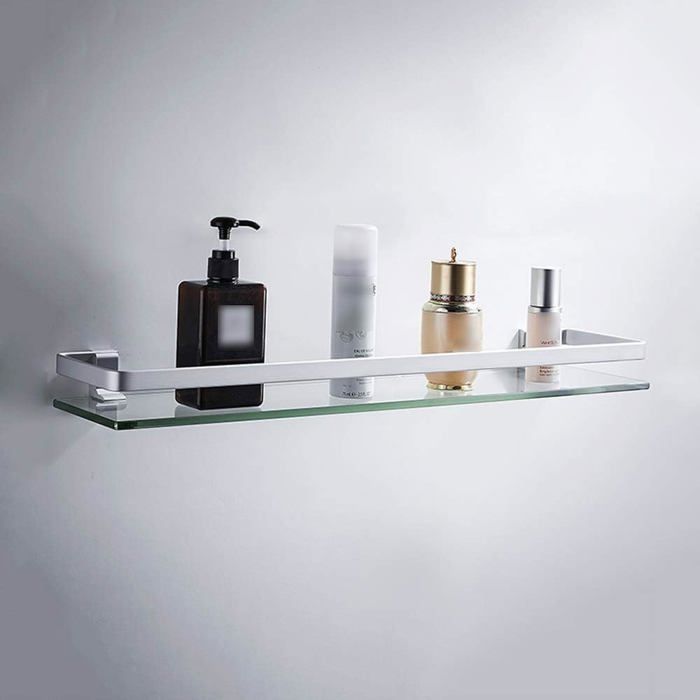 Étagère murale salle de bain 50 cm en verre trempé sans perçage fixation aluminium anodisé