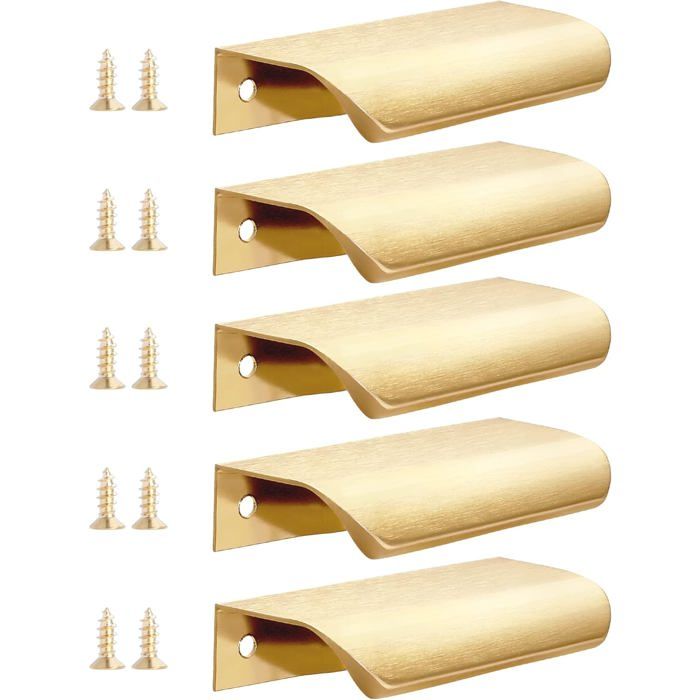 Lot de 5 poignées de placard de cuisine dorées 80 mm en aluminium pour porte de placard de salle de bain en laiton brossé