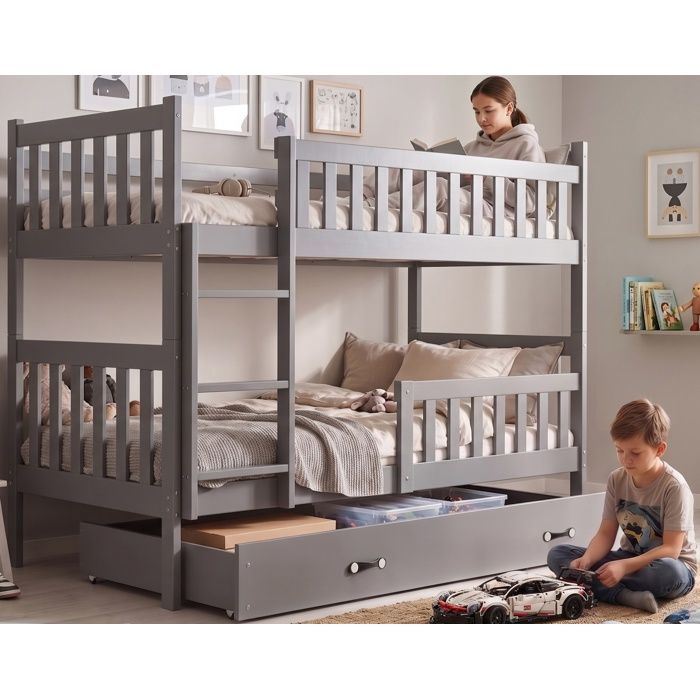 Lit superposé Quba 90x190 Bois Massif Pin Barrière de sécurité Sommier Tiroir Séparable en 2 lit (Gris+Blanc) Interbeds