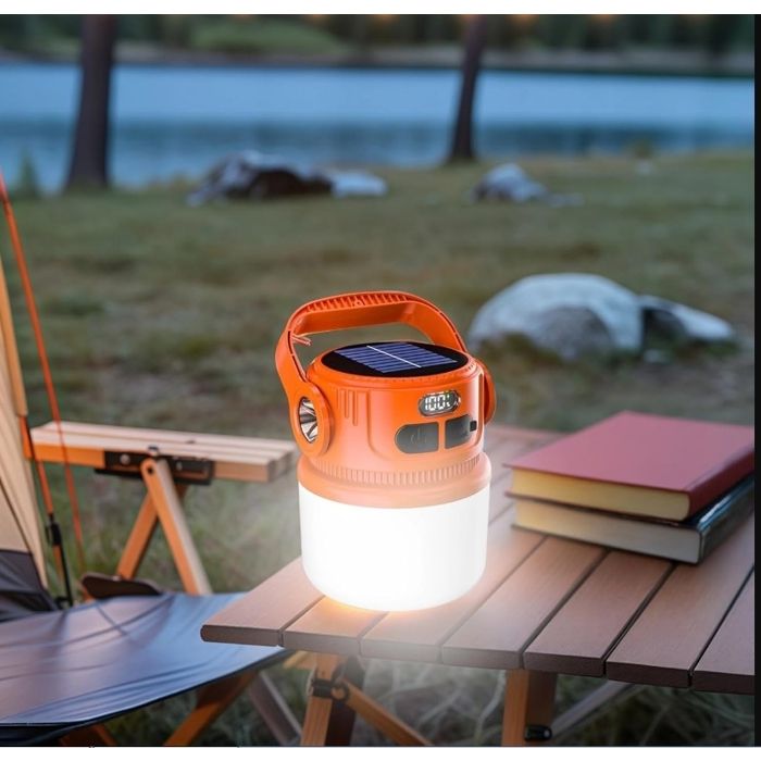 Lampe dextérieur lampe de camping solaire 6 niveaux de luminosité orange rechargeable par USB