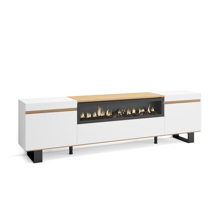 Meuble TV Banc Télé 200x57x35cm Pour les TV jusquà 80 Cheminée électrique Design industriel Blanc et Chêne Soft RF3775 Meuble TV Banc Télé 200x57x35cm Pour les TV jusquà 80 Cheminée électrique Design industriel Blanc et Chêne Soft RF3775