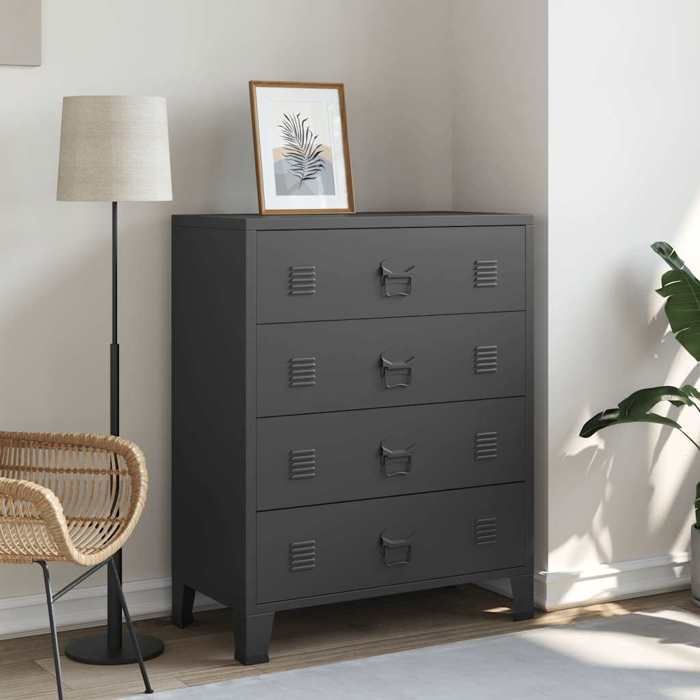 Clarence* Commode - Bahut Meuble de rangementà tiroirs Métal Style Industriel 78x40x93 cm Noir &Europ6392782