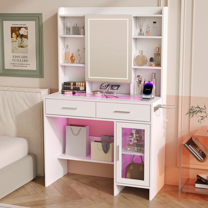 Coiffeuse avec Miroir LED - LUMINARIX - 89x40x145 cm - Étagères Ouvertes - 2 Prises et 2 USB - 2 Tiroirs - 1 Portes Verre