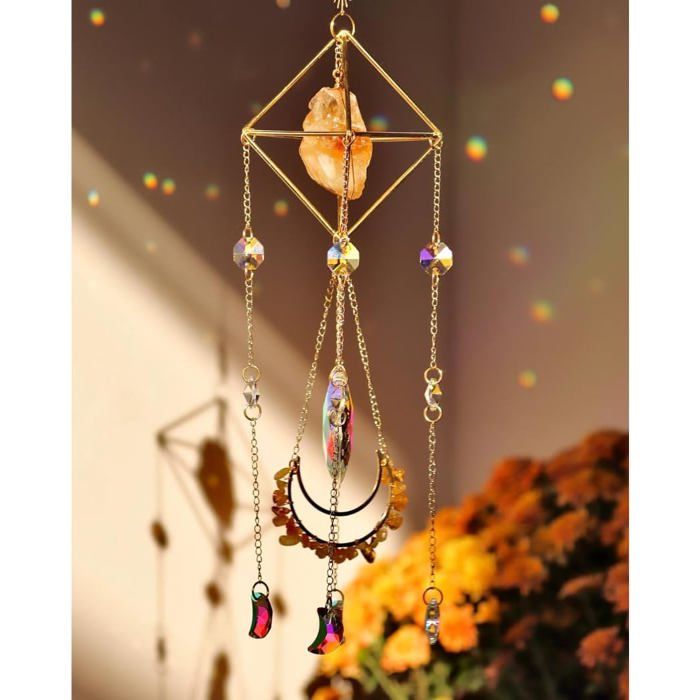 Attrape-soleil En Cristal – Suncatcher Suspendu, Forme Soleil-lune, Doré, Réfraction Arc-en-ciel, Décoration De Fenêtre