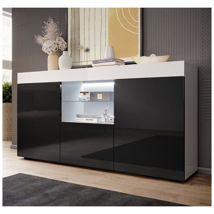 Buffet bas - DESIGN AMEUBLEMENT - Sefora - 3 portes - Noir et Blanc Brillant - Étagère verre LED Buffet bas - DESIGN AMEUBLEMENT - Sefora - 3 portes - Noir et Blanc Brillant - Étagère verre LED
