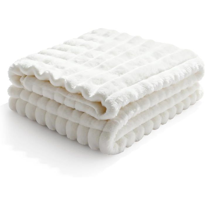 Plaid polaire blanc 150×200 cm texture côtelée moelleux décoratif pour salon lit ou canapé