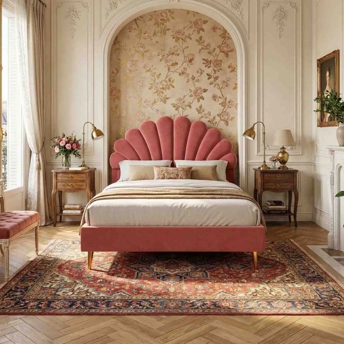 Lit rembourré 140x200cm - Tête de Lit Forme Fleur - Pieds en Métal Doré - Sommier à Lattes Inclus - Style Chic & Romantique