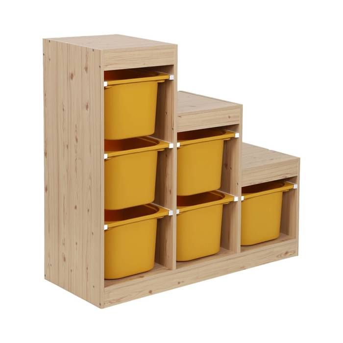 Meuble de rangement enfant escalier 6 bacs de rangement décor bois naturel et moutarde - Sora