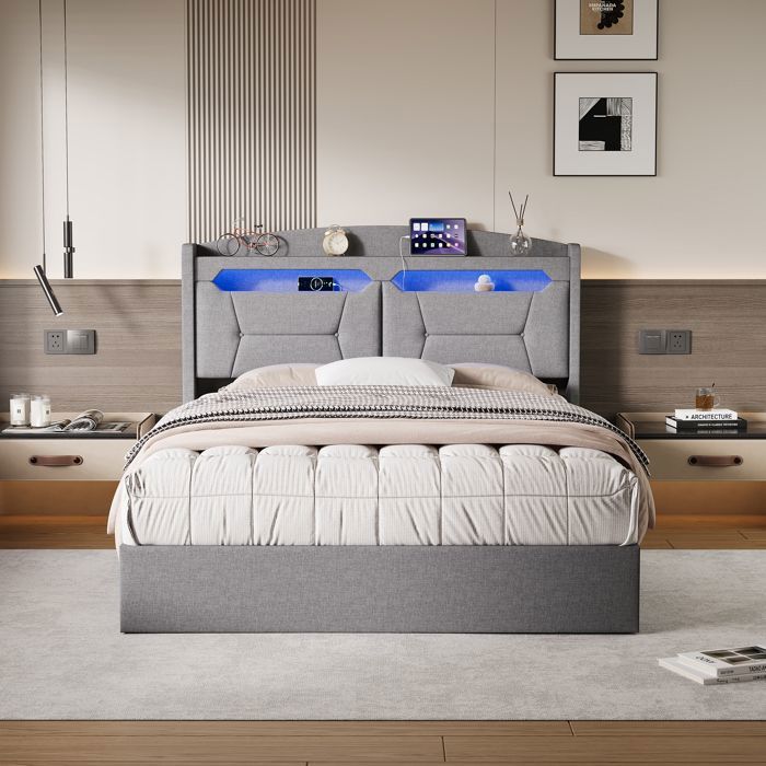 Lit coffre 140x190cm - ADWOLT - tête de lit avec LED et USB - Lit rembourré avec rangement - Lin