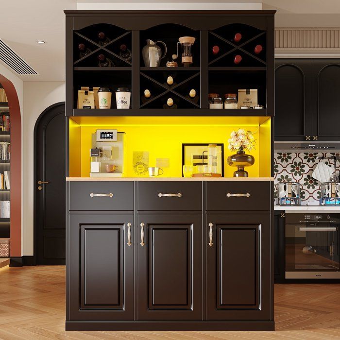 Armoire de cuisine (120×40×180cm) - grand buffet de cuisine - polyvalent - collations - trois tiroirs et éclairage LED - Noir