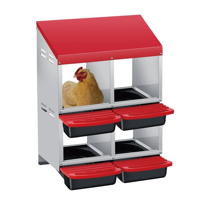Pondoir pour Poules Nichoirs  4 cases avec perchoir antirouille /Nichoir  2 Niveaux-Antirouille /Étanche/ Ventilé -Rouge