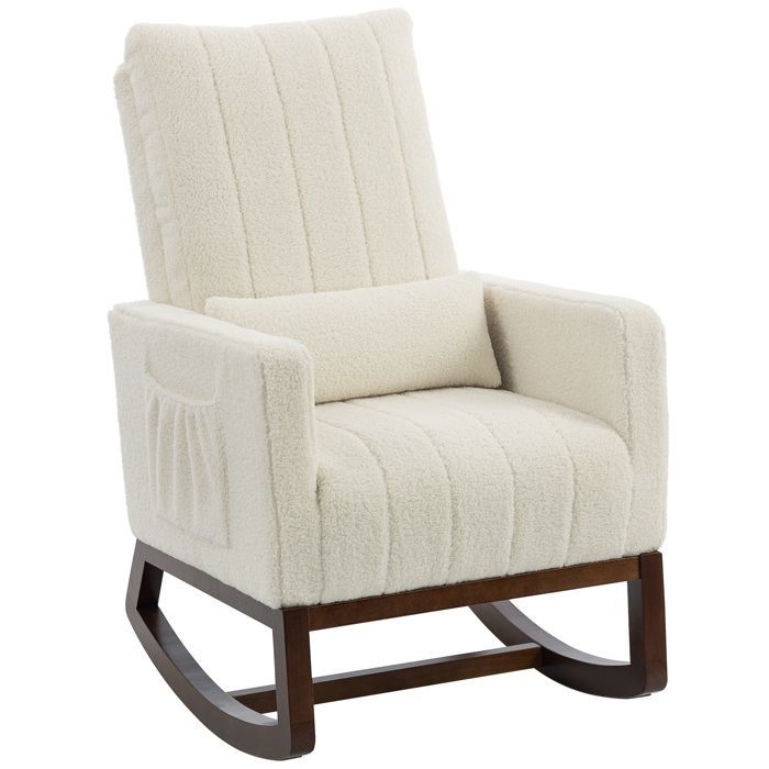 Fauteuil à bascule - HOMCOM - coussin lombaire dossier haut poches latérales - flanelle neige - 67 x 97 x 110 cm - crème