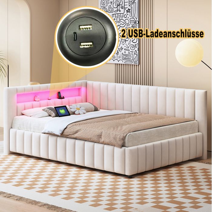 Canapé-lit convertible L 140x200 cm beige velours LED USB sommier lattes