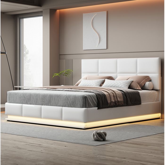 Lit rembourré 180 x 200 cm avec LED coffre de rangement et similicuir blanc