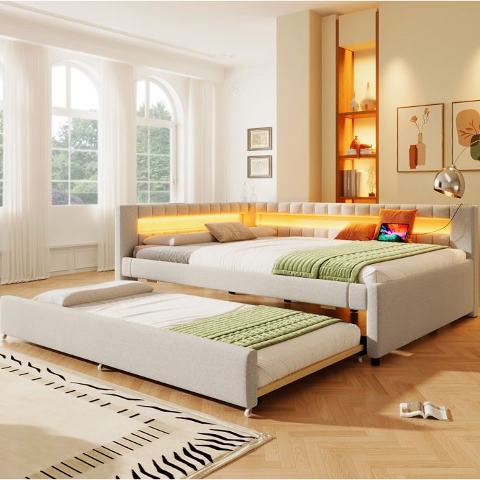 Daybed en lin beige avec lit gigogne bande LED et ports USB/Type-C