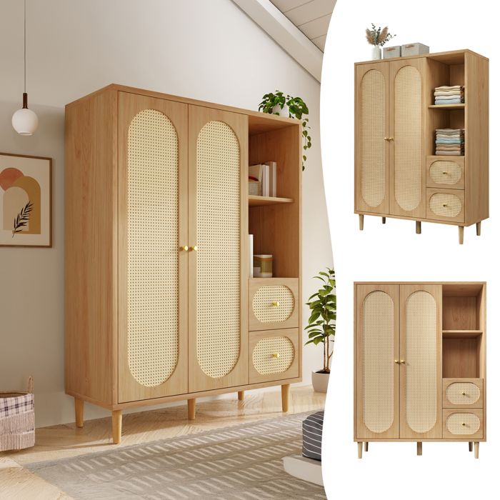 Armoire de Chambre - 2 Portes 2 Tiroirs Étagères Ouvertes et Penderie - Placard Style Rustique - MERAX Armoire de Chambre - 2 Portes 2 Tiroirs Étagères Ouvertes et Penderie - Placard Style Rustique - MERAX