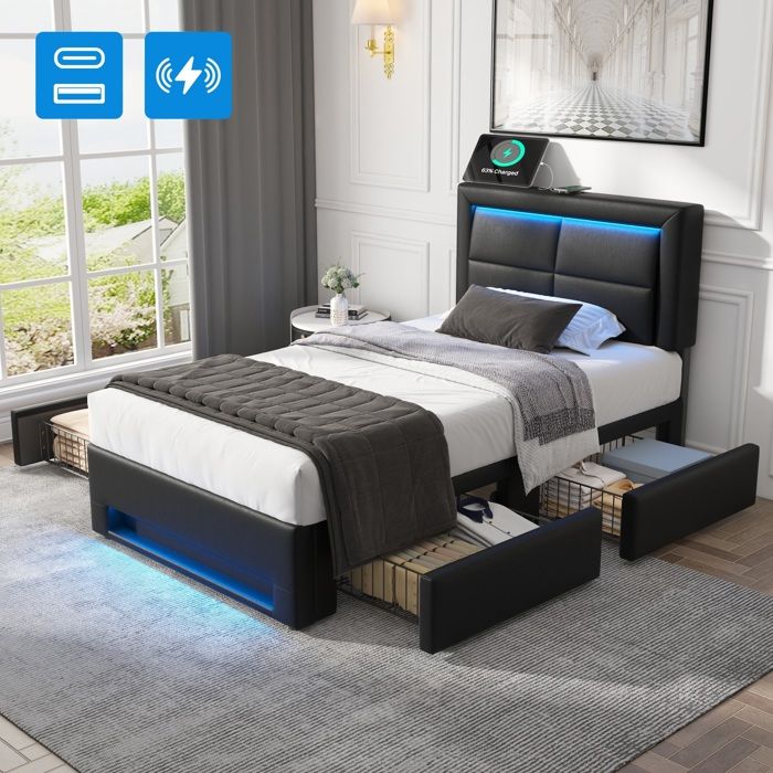 Luscriate - Lit capitonné 90x190cm USB avec chargement sans fil et filaire LED 4 tiroirs simili cuir grainé - Noir