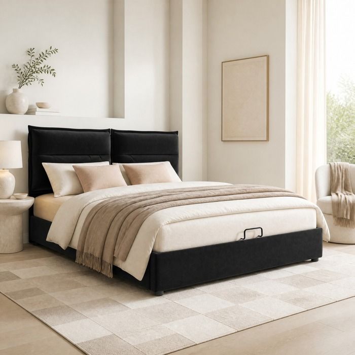 Lit double 140×200 cm tête de lit réglable coffre de rangement sommier à lattes sans matelas velours noir