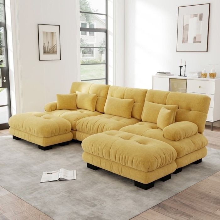 Canapé dAngle Modulaire de Luxe - Canapé Cloud en U XL pour Salon Assise Profonde Canapé-Lit Convertible avec Ottoman Jaune