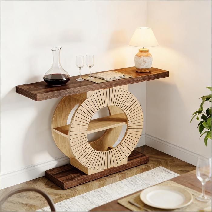 Console avec Base Ronde et Étagères Plateau Épais 4 cm - YEAVIO - Style Campagne pour Entrée Bois Marron
