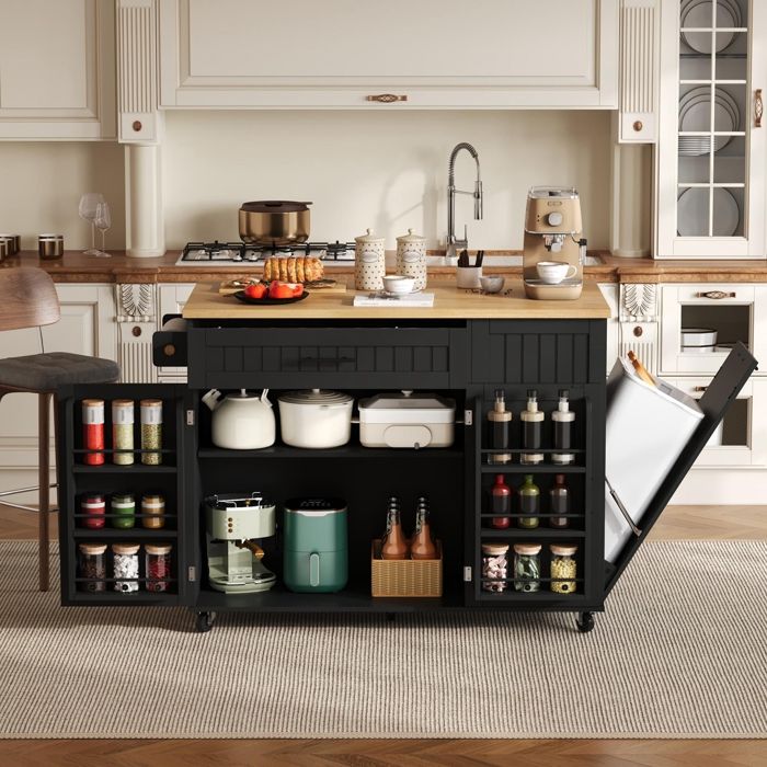 Îlot de Cuisine avec Emplacement pour Poubelle Desserte de Cuisine avec Plan de Travail Pliable 2 Portes avec Rangement Noir