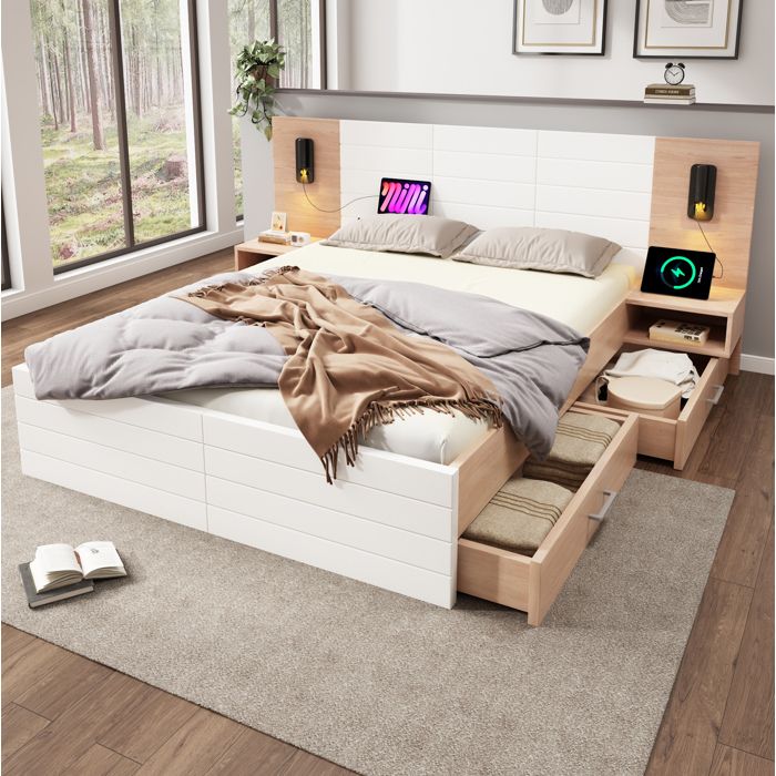 Lit double 180x200 cm avec 2 tiroirs 2 tables de chevet liseuse orientable USB bois massif et MDF blanc chêne clair