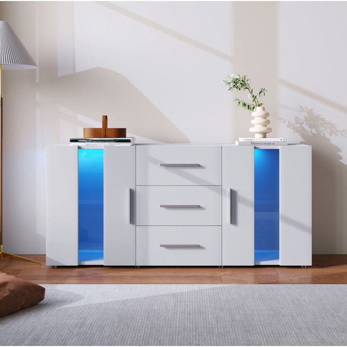 meuble TV buffet bas LED USB 2 portes 3 tiroirs avec rangement blanc 140 x 35 x 70 cm jusquà 55 pouces ORVRYN