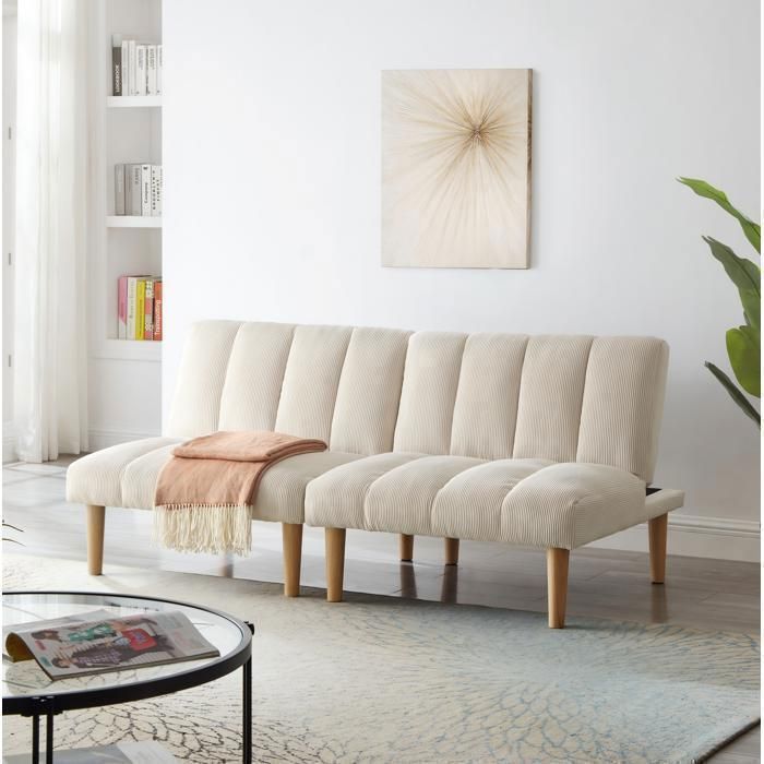 Canapé convertible 2 places 167 cm beige en velours côtelé dossier réglable 3 positions sans accoudoirs
